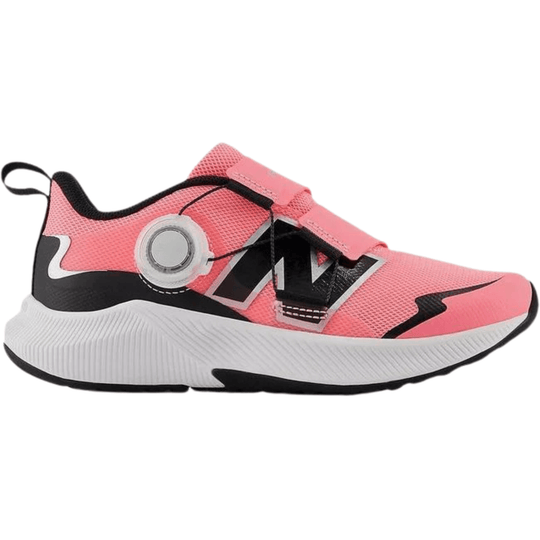 Pink and black kids' athletic shoe with a white sole and BOA dial closure