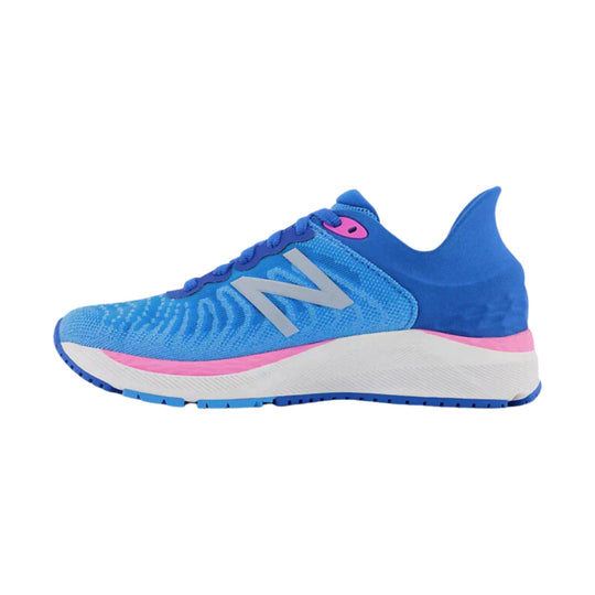 Blue running shoe with pink accents and a white foam sole, shown in side view