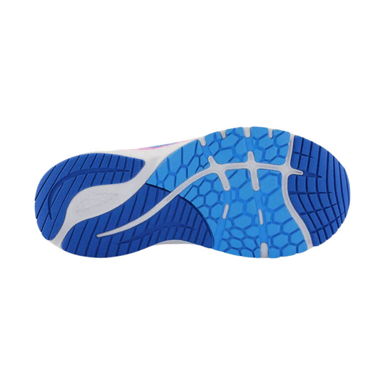 Blue and light blue running shoe outsole with textured traction pattern