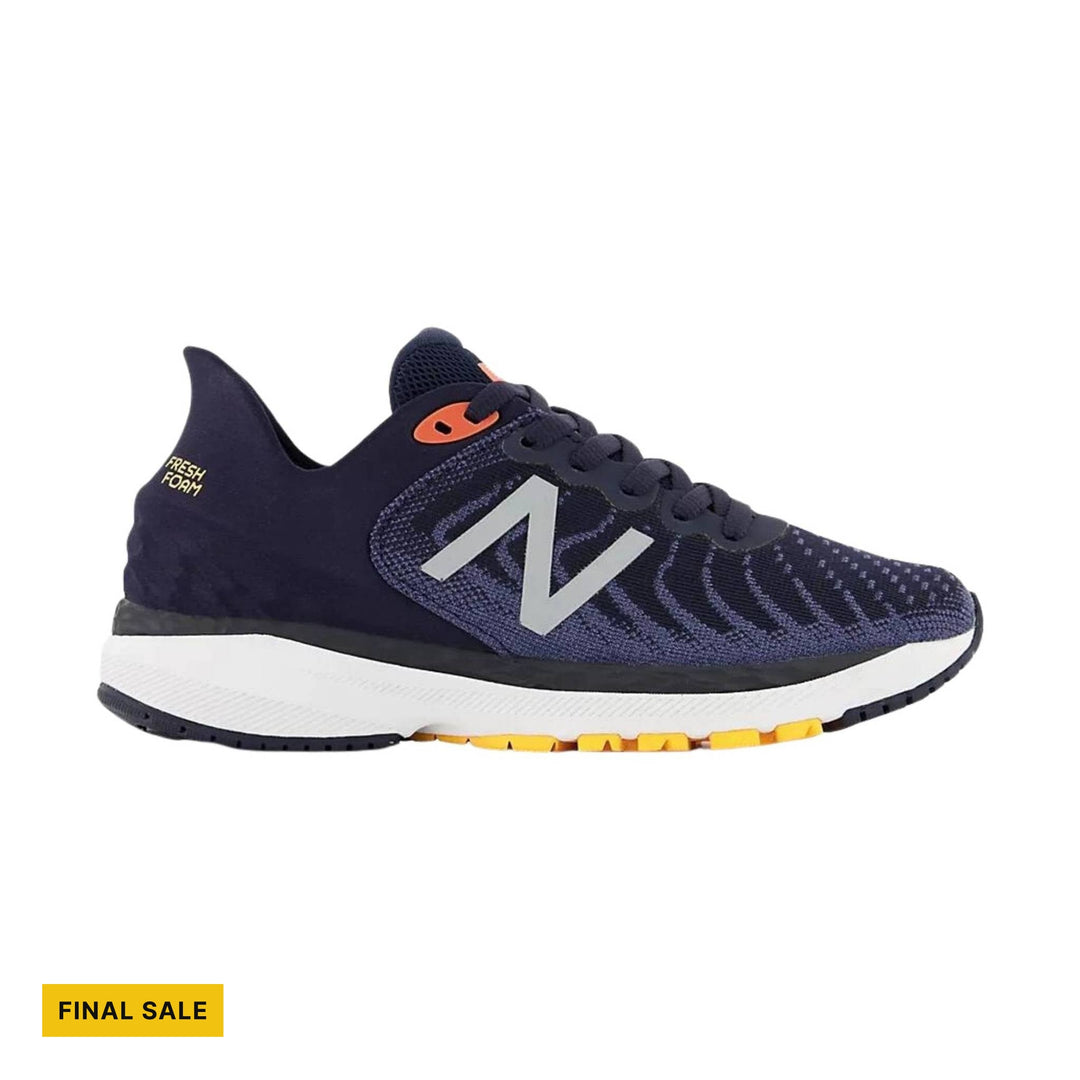Navy running shoe with white midsole, gray side logo, and yellow outsole accents