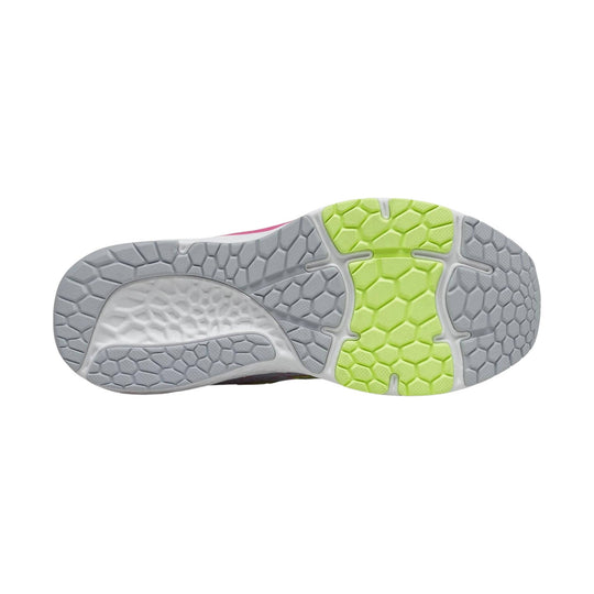 Kids' running shoe sole with gray tread and bright lime green grip sections.
