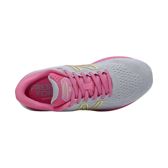 Gray and pink running shoe with pink laces and bright accent stripes