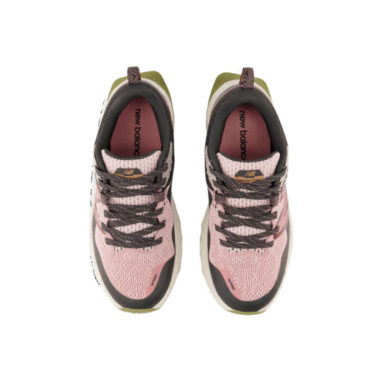 Pink and gray trail running shoes with dark laces, shown from above on a white background.