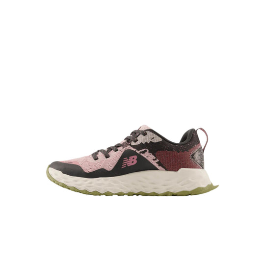 Pink and black trail running shoe with a white cushioned sole and olive outsole