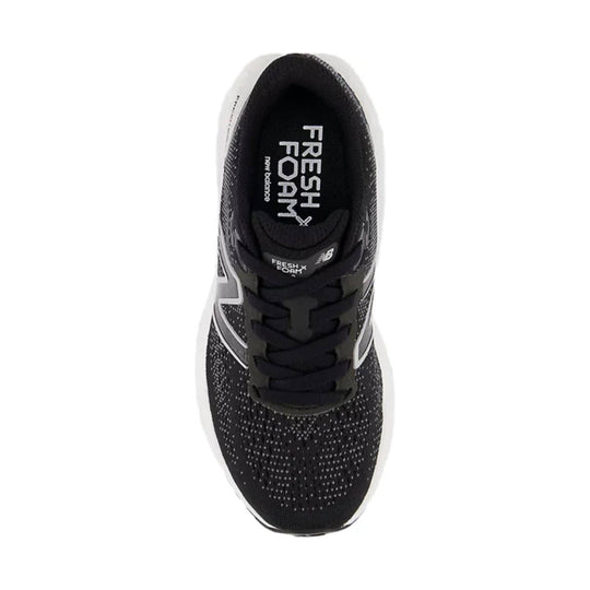Black athletic running shoe with white side accents, knit upper, and visible lacing, top view