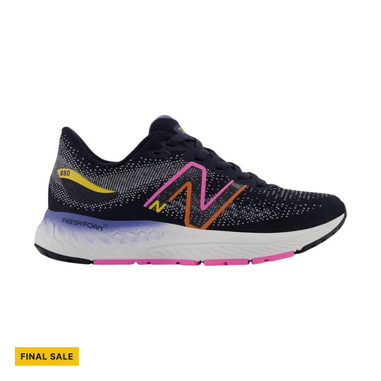 Black running shoe with pink, orange, and yellow accents and a white-and-lavender midsole; FINAL SALE