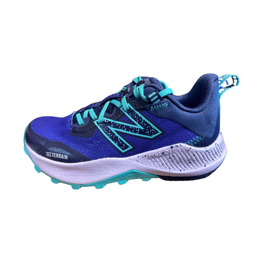 Blue and teal kids' trail running shoe with side logo, bungee laces, and white speckled midsole