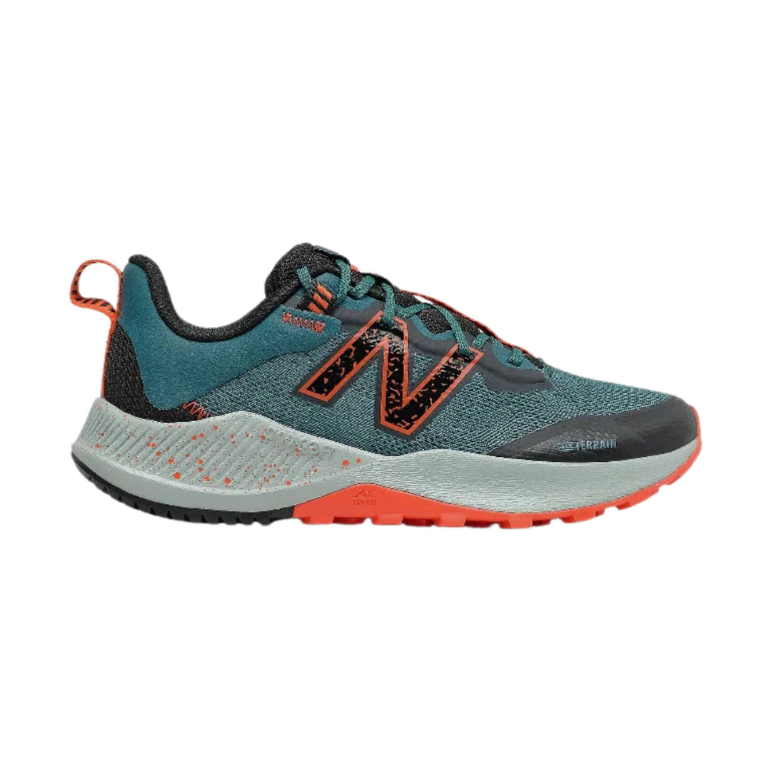 Blue and black trail running shoe with orange accents and a speckled white midsole