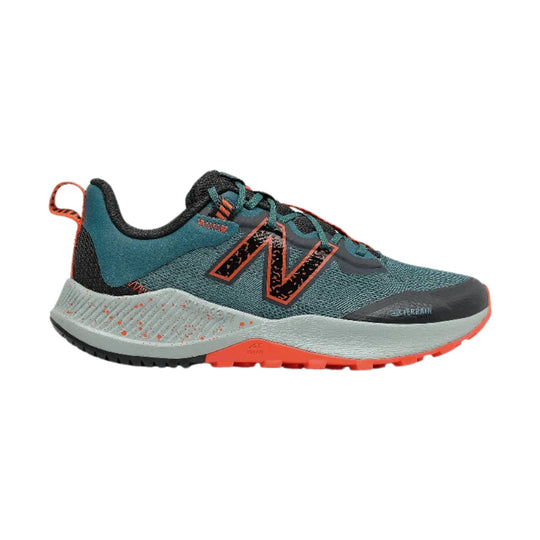 Blue and black trail running shoe with orange accents and a speckled white midsole