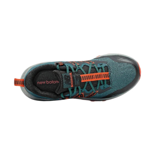 Teal and black trail running shoe with orange laces and heel pull tab