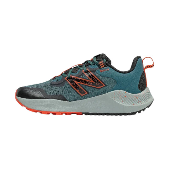 Teal and gray trail running shoe with orange accents and a large side logo