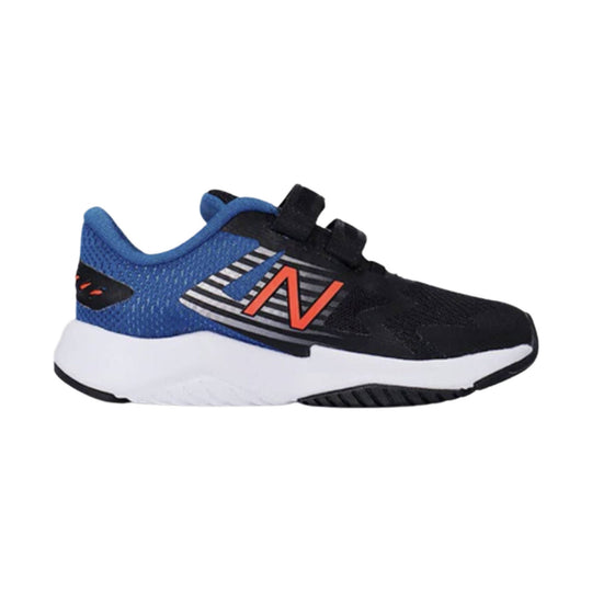 Black, blue, and white kids' athletic sneaker with orange side logo and two Velcro straps