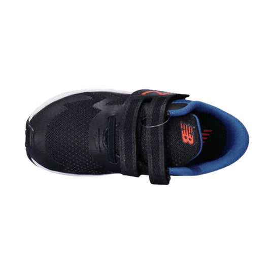 Black kids' sneaker with blue collar, velcro strap, and orange NB logo