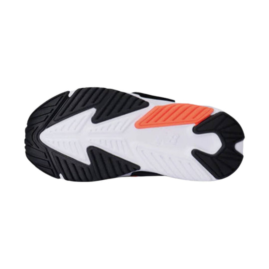 Black, white, and orange sneaker outsole with textured tread
