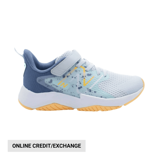 Light blue and white kids' athletic sneaker with yellow accents, side strap, and gum sole