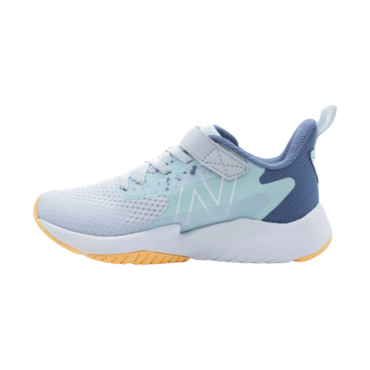 Light blue and white kids' athletic sneaker with bungee laces, top strap, and yellow outsole