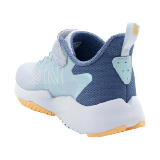 Blue and light blue kids' sneaker with mesh upper, white midsole, and yellow outsole