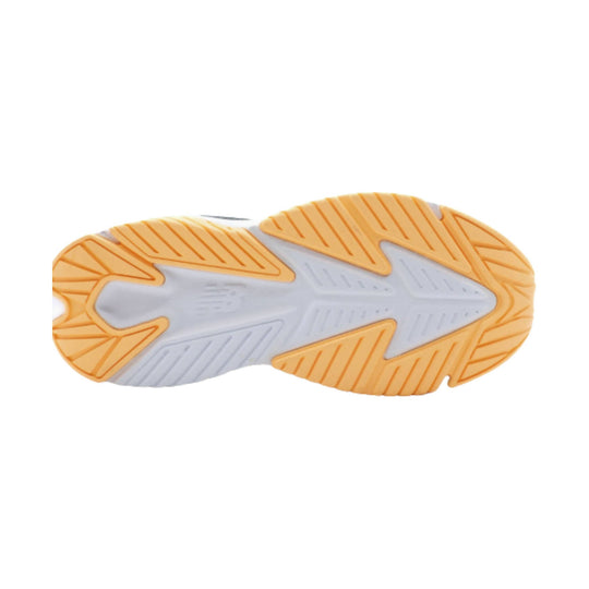 Orange and white sneaker outsole with a large arrow-shaped tread pattern