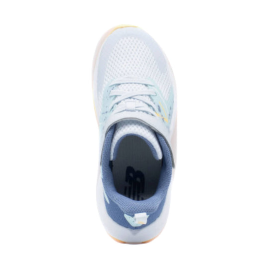Light blue and white kids’ sneaker with bungee laces and a top strap, viewed from above