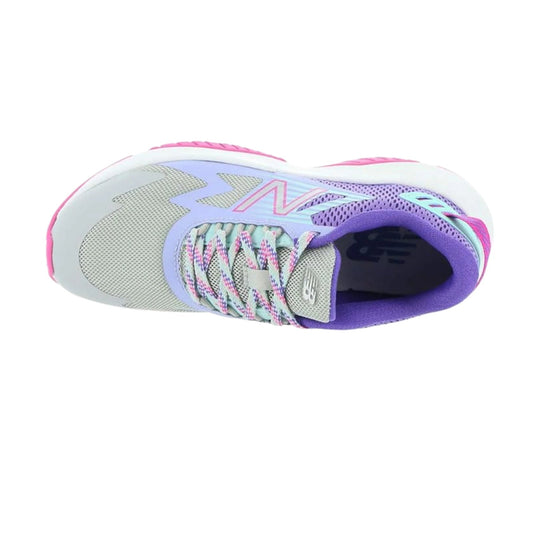 Light gray and lavender kids' athletic sneaker with pink accents, mesh upper, patterned laces, and side logo