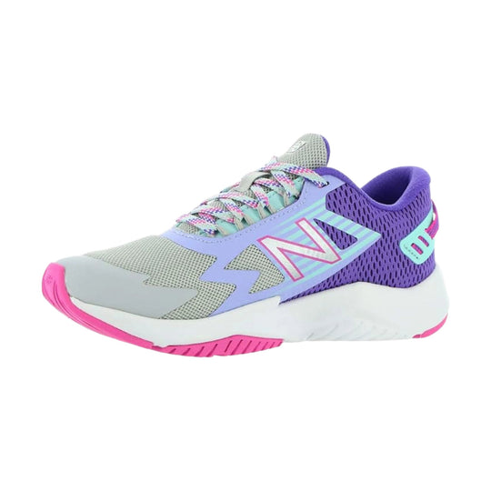Kids' running shoe with gray mesh toe, lavender overlays, purple heel, and pink outsole accents