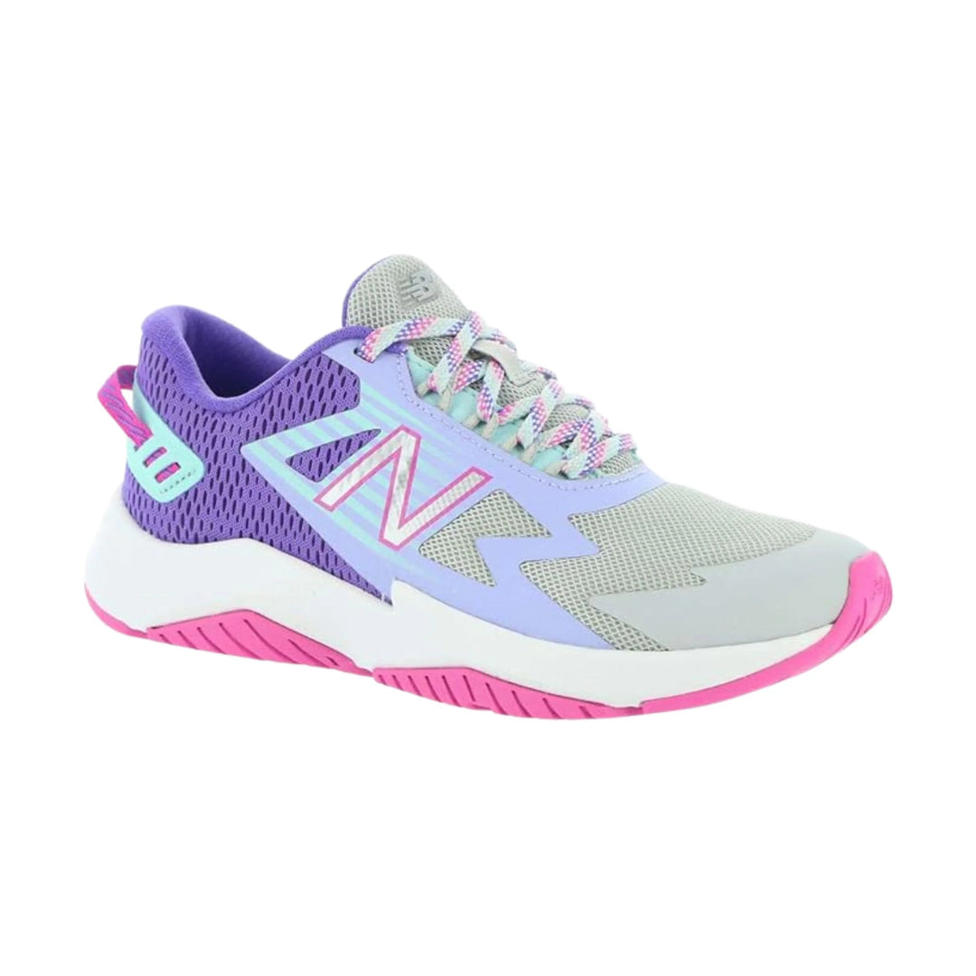 Kids' purple, lilac, and pink athletic sneaker with mesh upper and white sole