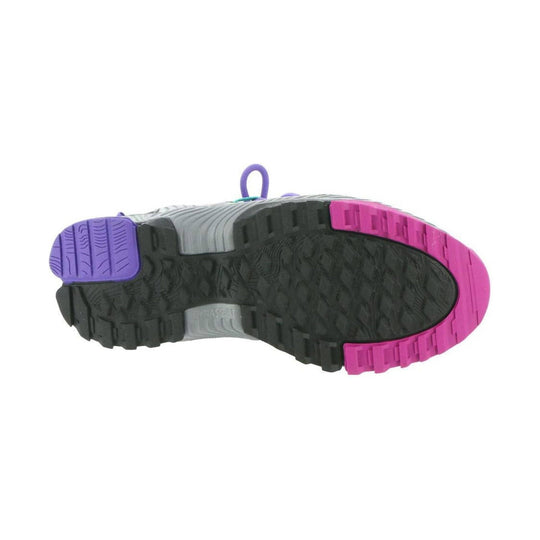 Trail shoe outsole with black tread, magenta toe and heel sections, and a purple heel tab