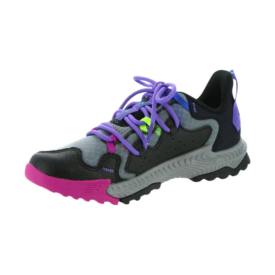 Black, gray, purple, and pink trail running shoe with bungee laces and a rugged sole
