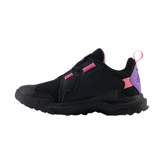 Black kids' trail shoe with pink straps, purple heel tab, and a chunky treaded sole