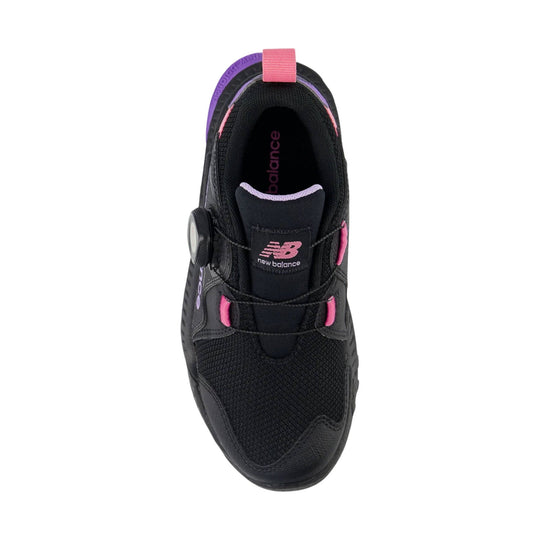 Black kids' trail shoe with pink and purple accents, BOA dial closure, and pull tabs