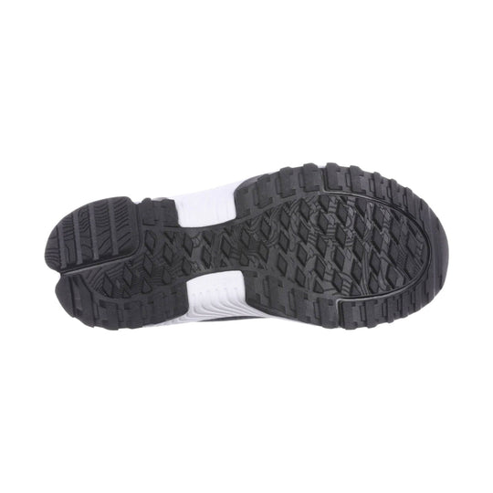 Black lugged outsole with textured tread and white midsole visible