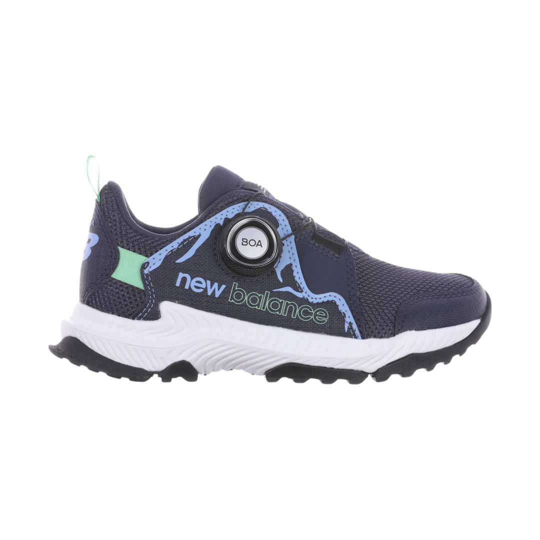 Navy kids' trail shoe with BOA dial, blue trim, mint accents, and white cushioned sole