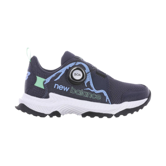 Navy kids' trail shoe with BOA dial, blue trim, mint accents, and white cushioned sole