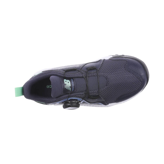 Navy kids' trail shoe with BOA dial closure, mesh upper, and mint heel pull tab