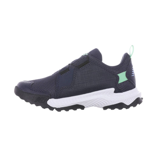 Navy kids' trail shoe with black outsole, white midsole, and mint pull tabs