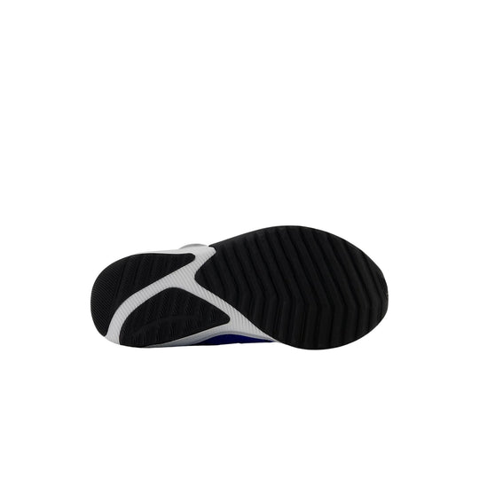 Black and white sneaker outsole with textured tread and a hint of blue upper