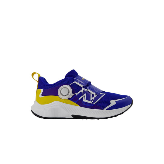 Blue and yellow kids' athletic sneaker with BOA dial closure and white cushioned sole