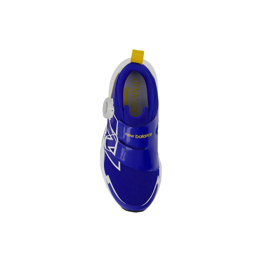 Blue kid’s sneaker with white side accents, a BOA dial, and a yellow heel pull tab