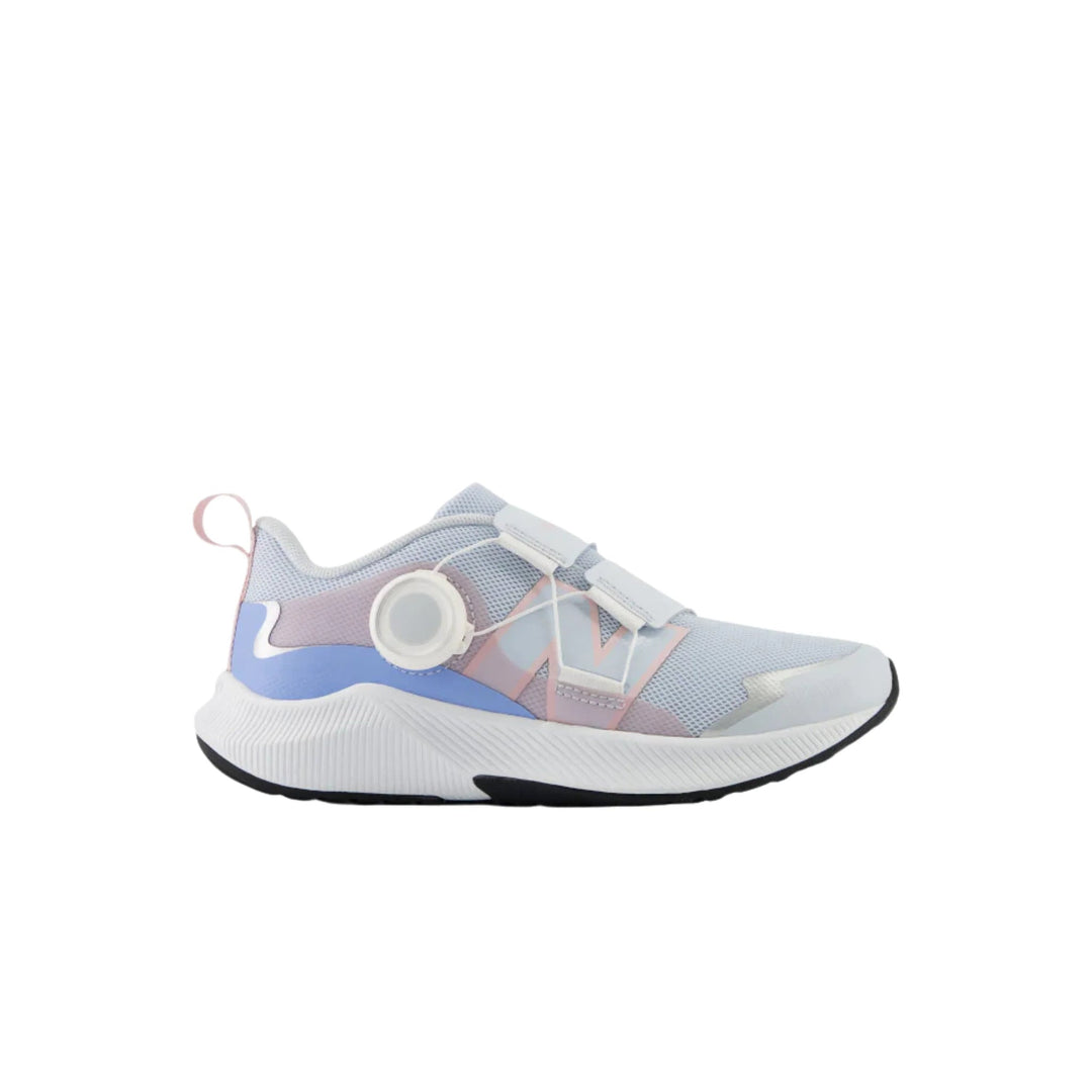 White and light blue kids' sneaker with pink accents, BOA dial closure, and thick white sole
