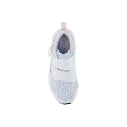 White and light blue kids' sneaker with BOA dial closure, pink heel pull tab, and mesh upper