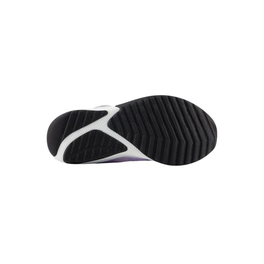 Black sneaker outsole with white midfoot arch and purple edge peeking through