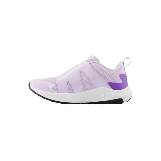 Light lavender and purple kids' athletic sneaker with a white cushioned sole and black outsole, side view