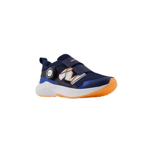Navy and orange kid's athletic shoe with BOA dial closure and thick white sole