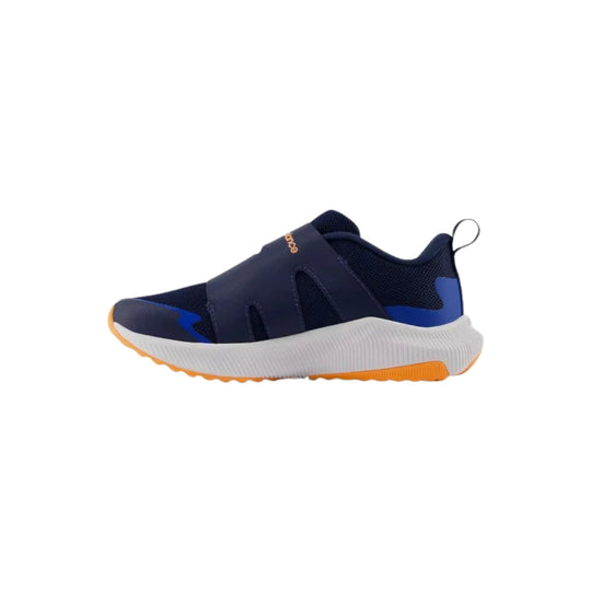 Navy and blue kids athletic sneaker with white ridged sole, orange outsole accents, and side strap cutouts