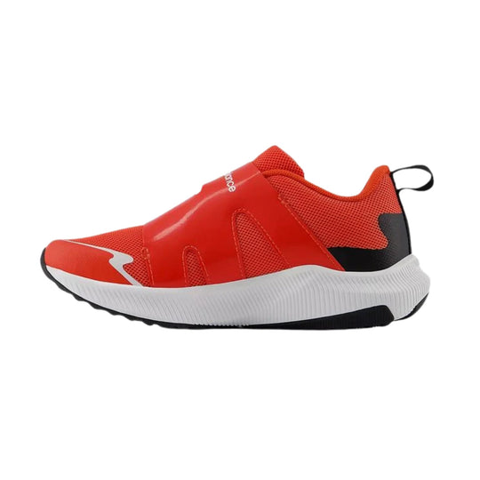 Red and black kids’ athletic sneaker with a white ribbed sole and pull tab