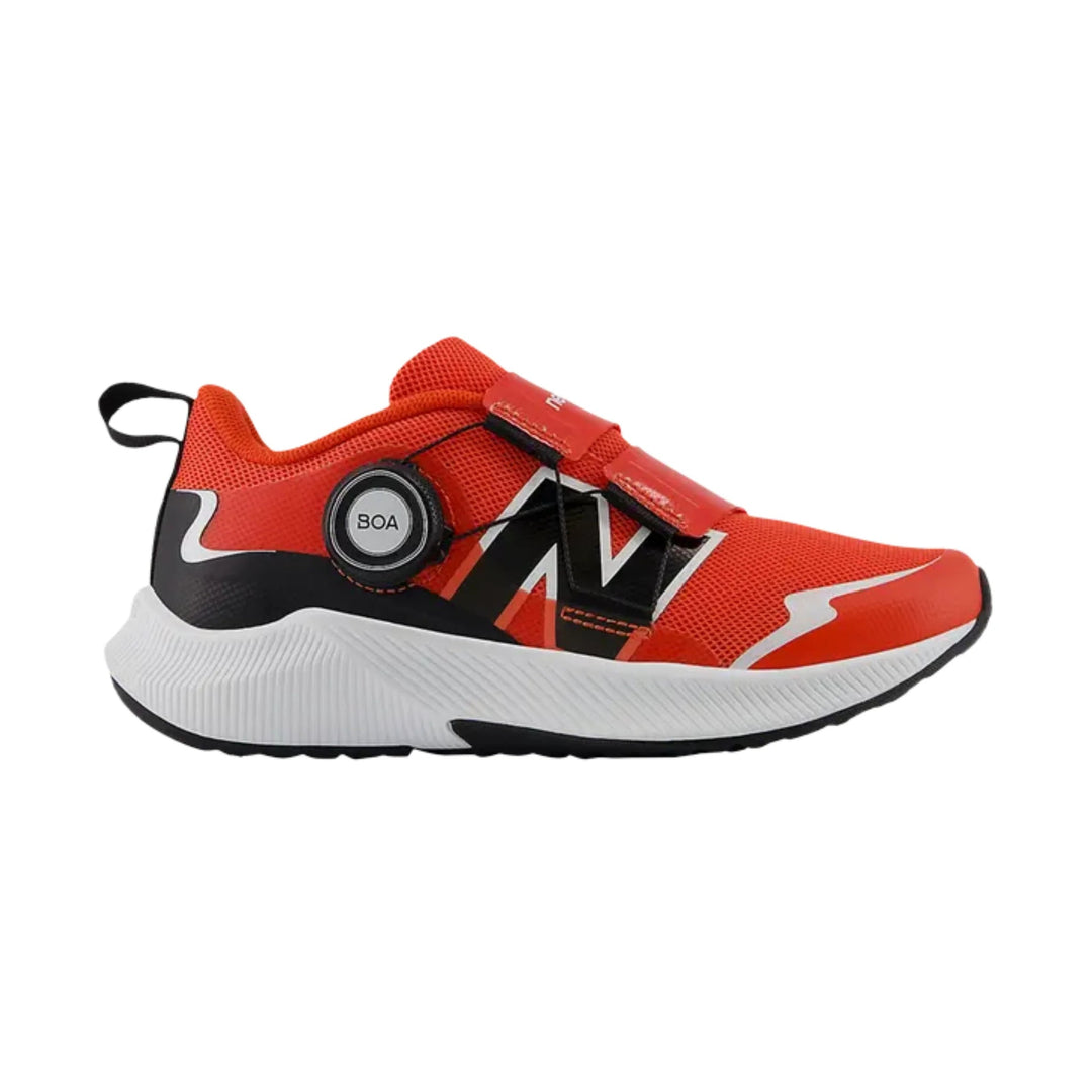 Red and black athletic shoe with BOA dial, two strap closures, and a white cushioned sole