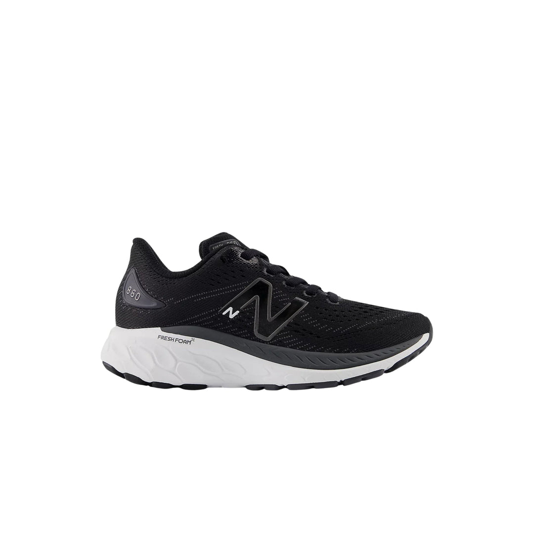 Black lace-up running shoe with white foam sole and gray accents, side view