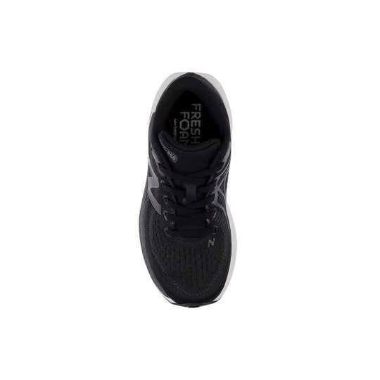 Black lace-up athletic shoe with gray side accents and visible Fresh Foam text on the insole