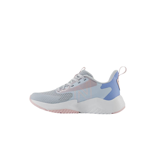 Light gray mesh kids' sneaker with blue heel panel, pink accents, and thick white sole, side view