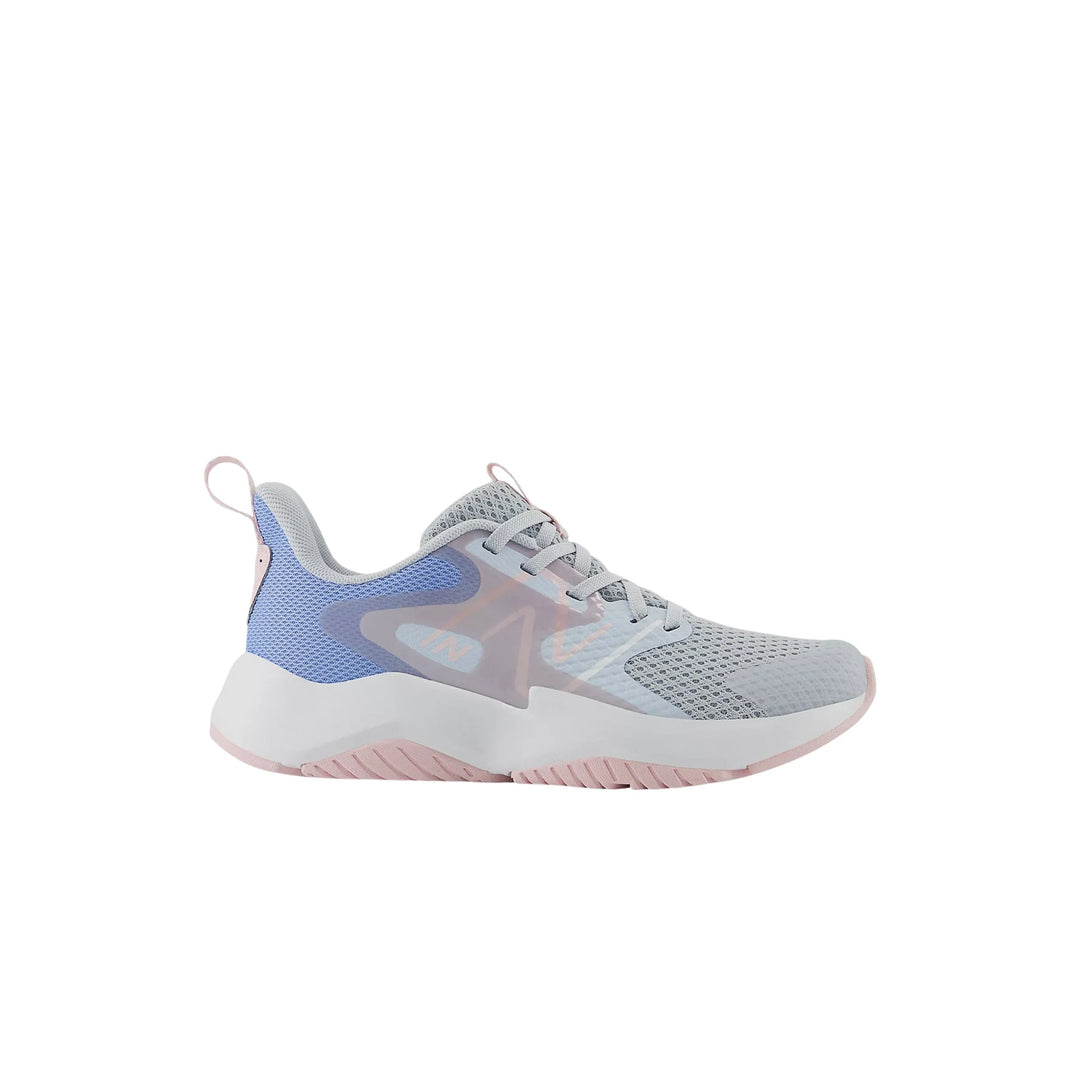 Light gray and blue kids' athletic sneaker with pink accents and a thick white sole